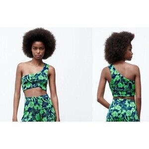 ZARA Women's 1-Shoulder Crop Tank Top Navy Blue Green Tropical #5039/687    NWT